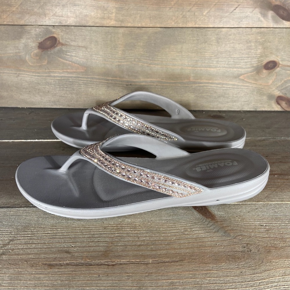 skechers womens size 9 shoes gray rhinestone thong comfort sandals